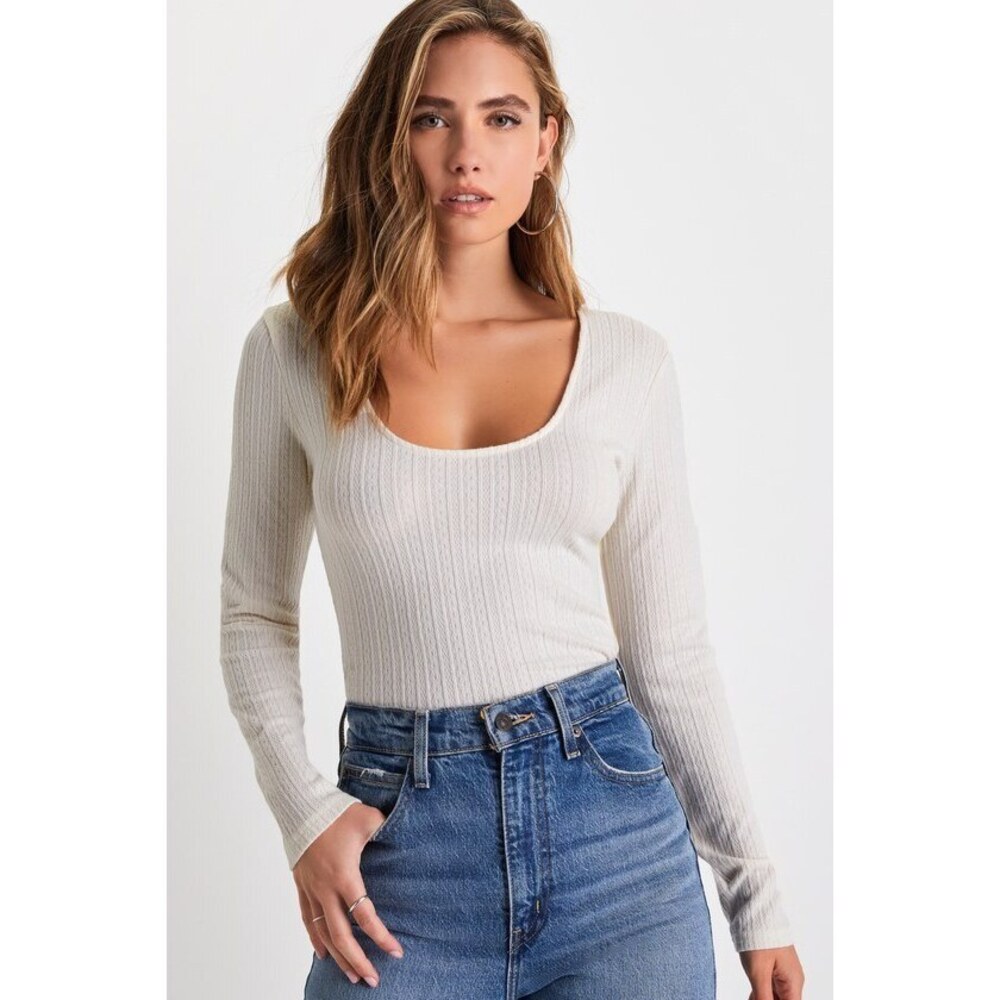 Lulus Simple Adoration Ivory Pointelle Scoop Neck Long Sleeve Top White - Size L